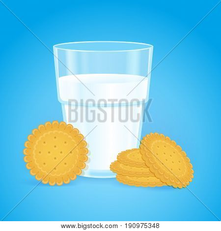 Realistic glass with milk and round cookies on a blue background. Tasty crispy circle biscuits in the stack. Fresh delicious vitamin and healthy breakfast for children and adults. Oatmeal baking.
