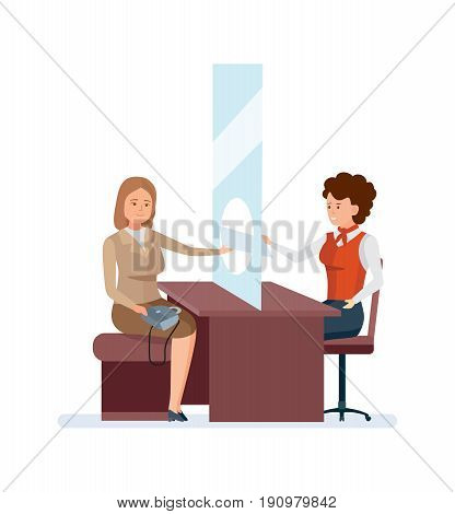 Bank service and staff. Girl, a bank employee, a consultant manager, serves a permanent client at the office table. Vector illustration isolated people cartoon style