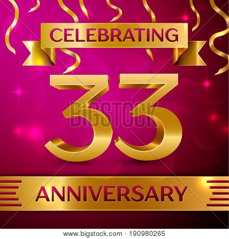 Thirty three Years Anniversary Celebration Design. Confetti and golden ribbon on pink background. Colorful Vector template elements for your birthday party. Anniversary ribbon