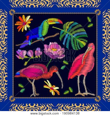 Scarf pattern with ibises, toucan and palm leaf. Colorful composition with bohemian motifs.