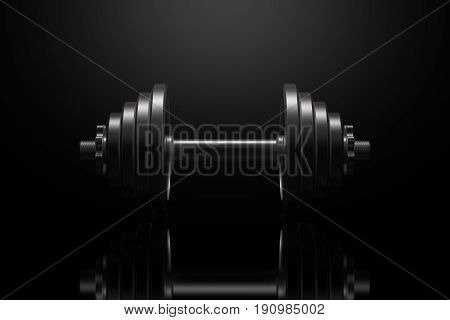Dumbbell on a black reflective surface. Professional studio lighting from above. The silhouette of a heavy metal dumbbell. Cast iron discs and handle. Landscape orientation. 3D illustration.