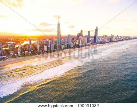 Surfers Paradise skyline at sunset from an aerial view