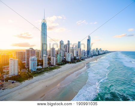 Surfers Paradise skyline at sunset from an aerial view