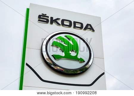 Samara Russia - June 3 2017: The dealership sign of Skoda over cloudy sky. Skoda Auto is an automobile manufacturer based in the Czech Republic