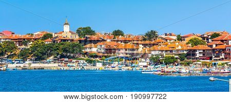 Old town panoramic benner with church in Nessebar or Nesebar in Bulgaria, Black sea resort