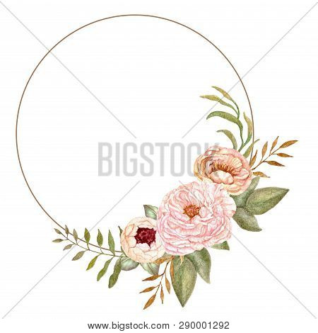 Watercolor Floral Wreath, Flower Frame, Hand Painted Botanical Illustration For Wedding Invitation T