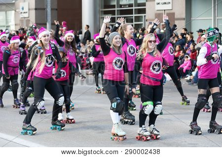 Houston, Texas, USA - November 23, 2017, The H-E-B Thanksgiving Day Parade in Houston began in 1949, when Santa arrived at Union Station and rode his sleigh to the downtown Foley’s. A holiday tradition showcasing the Houston community on Thanksgiving morn