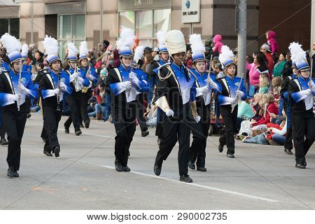 Houston, Texas, USA - November 23, 2017, The H-E-B Thanksgiving Day Parade in Houston began in 1949, when Santa arrived at Union Station and rode his sleigh to the downtown Foley’s. A holiday tradition showcasing the Houston community on Thanksgiving morn