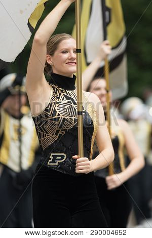 Indianapolis, Indiana, USA - May 26, 2018, Purdue University Cheerleaders perform at the Indy 500 Parade