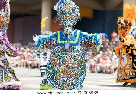 Indianapolis, Indiana, USA - May 26, 2018, Members of the Mexican themed dancing group, Ballet Folklorico Mosaicos, perform at the Indy 500 Parade