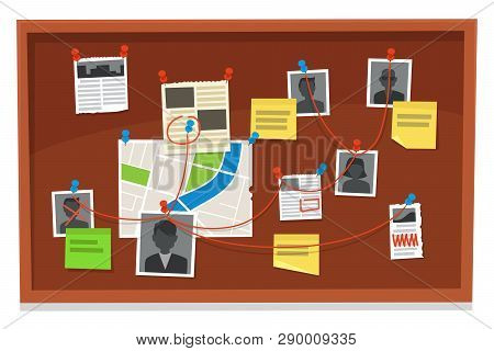 Detective Board. Crime Evidence Connections Chart, Pinned Newspaper And Police Photos. Investigation
