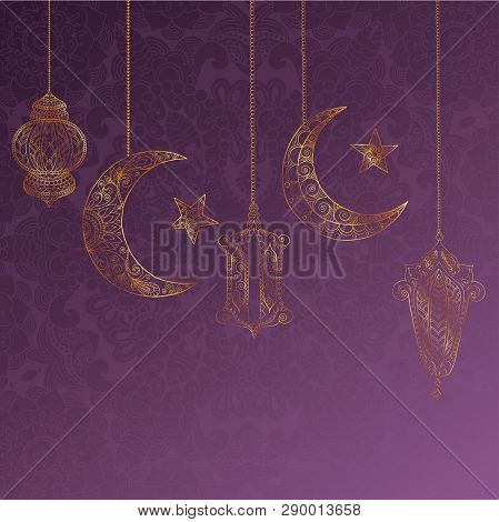 Ramadan Kareem Greeting Design Illustration. Golden Ornamental Halfmoon And Lanterns On The Purple G