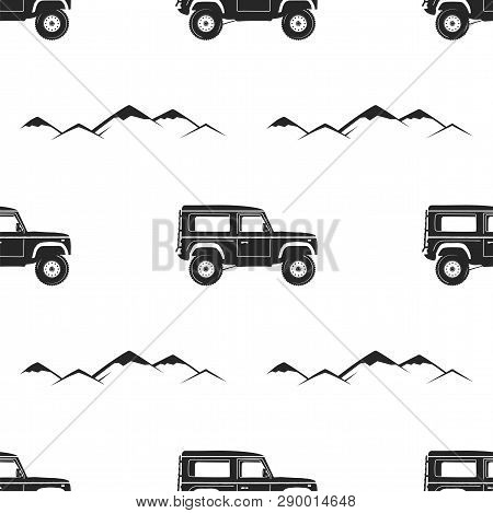 Camping Pattern Design - Adventure Retro Car And Mountains Symbols. Outdoors Seamless Background. Si