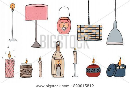 Sety Cosy Vector Illustration Elements  - Candles And Lamps. Isolated On White Background. Scandinav