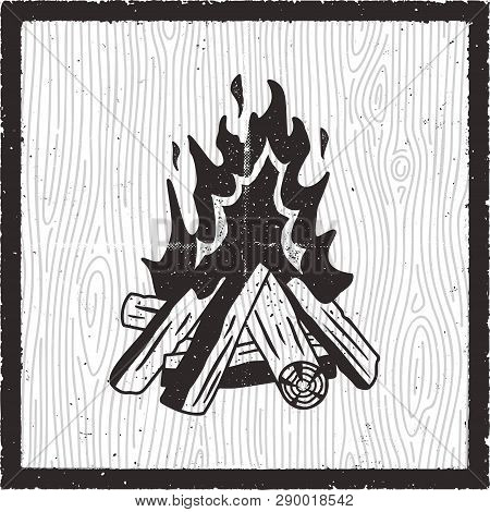 Camp Fire Hand Drawn Card. Vintage Monochrome Style With Bonfire. Stock Vector Retro Poster