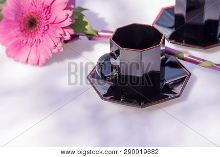 Cops For Coffee And Pink Flower Decoration