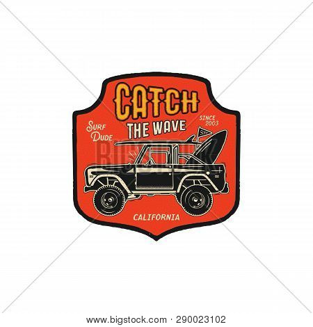 Surfing Logo Design. Summer Badge With Silhouette Surf Car, Surfboards And Typography Quote - Catch 