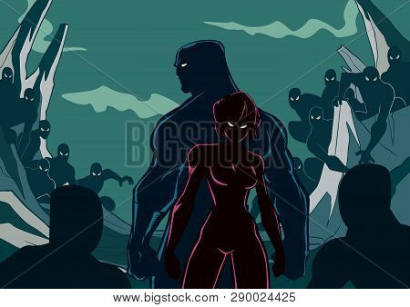 Silhouette Illustration Of Superhero Couple Standing Against Evil Minions.