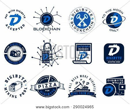 Digibyte Logos Set. Digital Asset Concept. Pay With Dgb Accepted, Mining Quotes. Crypto Emblems. Blo