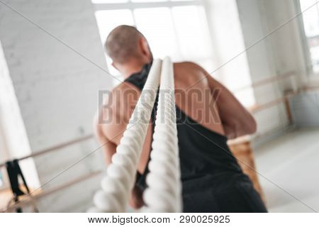 Back View Of Muscular Male Athlete Doing Exercises With Battle Rope At Gym. Fitness Man Pulling Rope