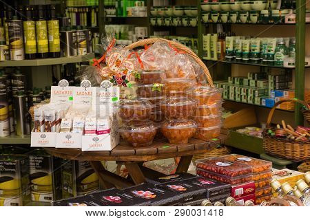 Corfu, Greece - April 7, 2018: A Store That Sales Traditional For Corfu Island Kumquat Liqueur And K