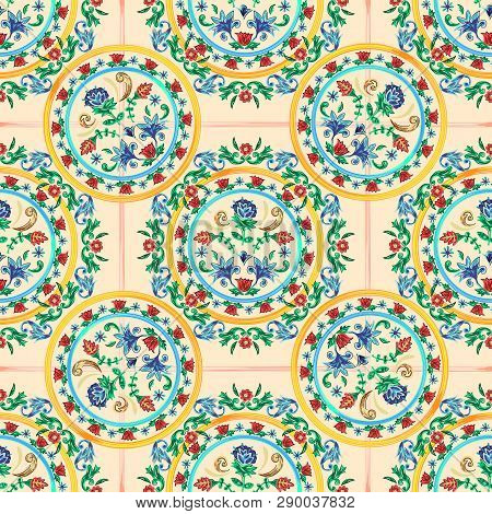 Sicilian Seamless Pattern With Flowers. Vector Floral Patch For Embroidery And Print Design.