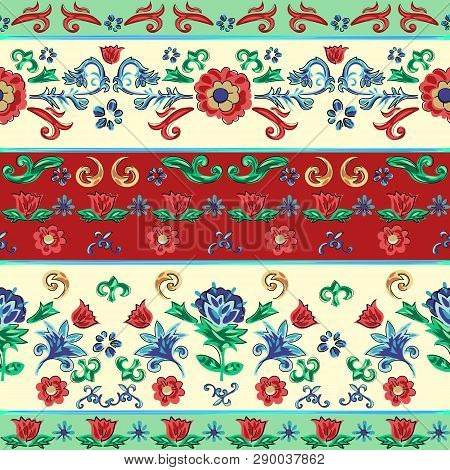 Sicilian Floral Seamless Pattern With Flowers. Vector Striped Patch For Embroidery And Print.