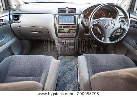 Novosibirsk, Russia - 03.10.2019: View To The Inerior Of Toyota Imsum Last Generation With Front Sea