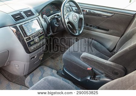 Novosibirsk, Russia - 03.10.2019: View To The Inerior Of Toyota Imsum Last Generation With Front Sea