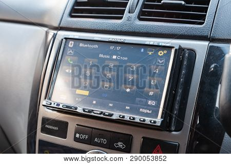 Novosibirsk, Russia - 03.10.2019: View To The Inerior Of Toyota Imsum Last Generation With Audio Sys