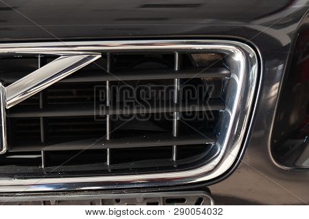 Novosibirsk, Russia - 08.01.18: Front Radiator Grille View Of Black Used Volvo S60 Car Stands In The