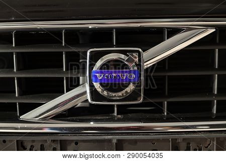 Novosibirsk, Russia - 08.01.18: Front Radiator Grille View Of Black Used Volvo S60 Car Stands In The