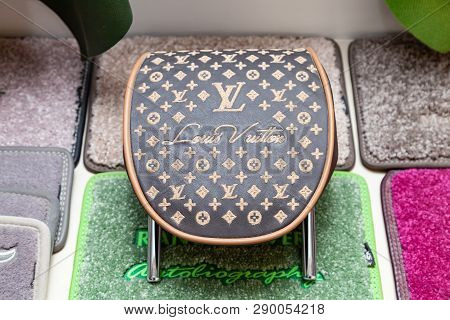 Novosibirsk, Russia - 08.01.2018: Handmade Brown And Beige Leather Headrest Louis Vuitton For A Car 