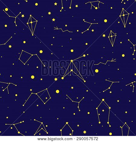 Vector Space Seamless Pattern. Night Sky Hand Drawn Doodle Astronomical Background