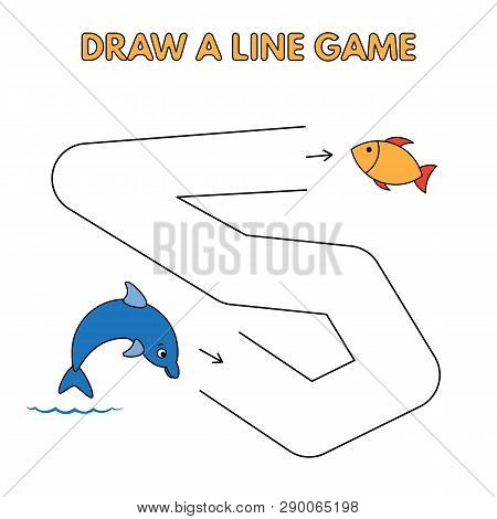 Cartoon Dolphin Game For Small Children - Draw A Line. Vector Design For Kids Education