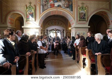 STITAR, CROATIA - OCTOBER 28, 2018: People in the church at the Mass on Thanksgiving day in Stitar, Croatia