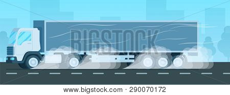 Grey Big Express Delivery Store Truck Driving Fast. Storage Shipping Process. Side View Of Warehouse