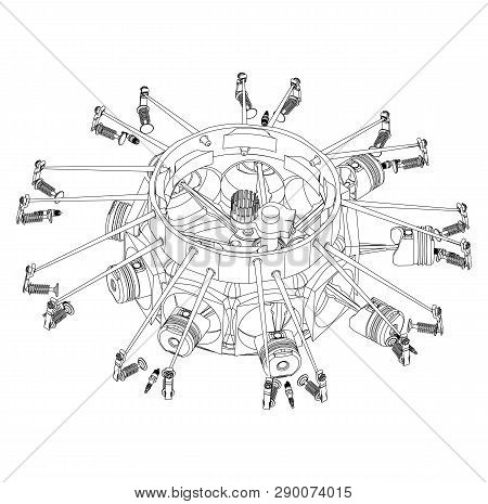Disassembled Radial Engine On A White Background. Drawing