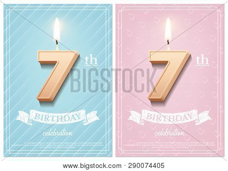 Burning Number 7 Birthday Candle With Vintage Ribbon And Birthday Celebration Text On Textured Blue 
