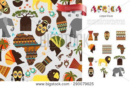 Flat African Ethnic Concept With Tribal Mask Baobab Palm Trees African Woman And Papuan Faces Elepha