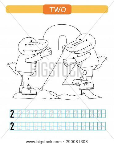 Two. Learning Number 2. Coloring Printable Worksheet For Kindergarten And Preschool. Crocodile.