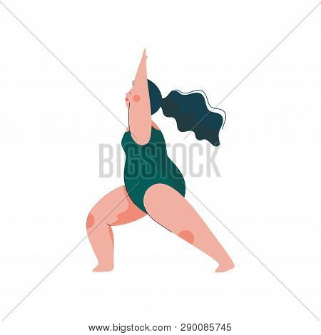 Beautiful Plus Size Curvy Woman In Virabhadrasana Position, Plump Girl In Swimsuit Practicing Yoga, 