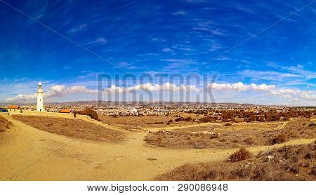 Ancient Ruins Of Kourion City Near Pathos And Limassol, Cyprus. Lighthouse Under The Blue Sky. Trave