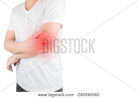 Handsome Young Asian Wearing A White T-shirt With Elbow Joint Pain Healthcare And Medical Concept Is