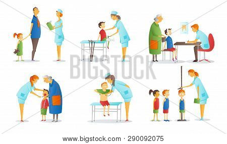 Set Of People Visiting Various Doctors Or Physicians - Therapist, Gastroenterologist, Ophthalmologis