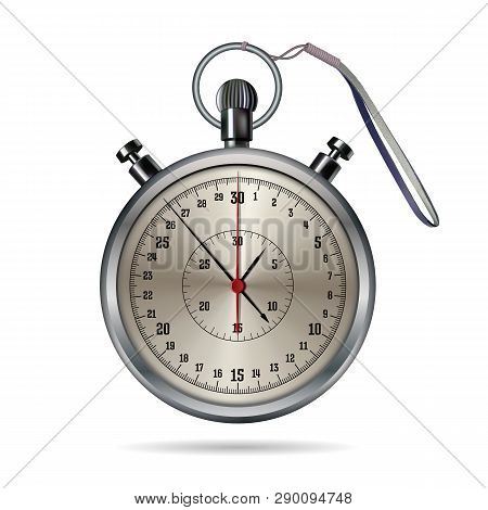 Stopwatch Realistic Image. A Device For Measuring Time Intervals In Seconds. With Rawhide Strap For 