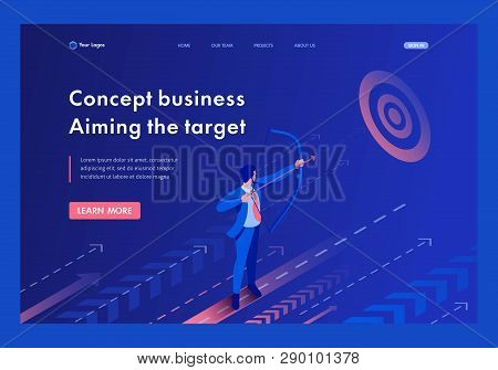 Isometric Businessman Aiming At The Target, Business Concept. Template Landing Page.