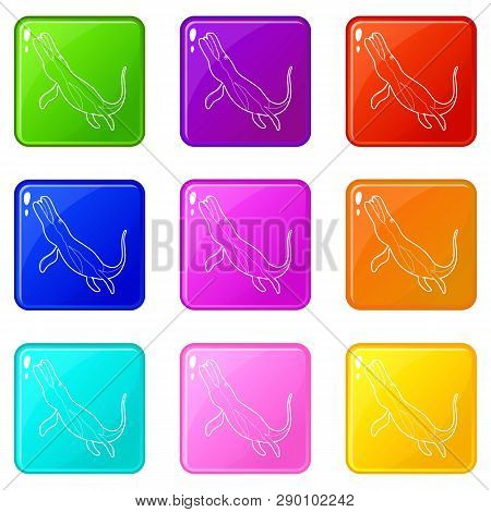 Underwater Dinosaur Icons Set 9 Color Collection Isolated On White For Any Design