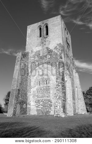 Black And White Image Of The Square Tower Of Saint Winoc Abbey, Bergues, Nord Pas De Calais, France