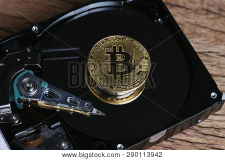 Bitcoin Crypto Currency Digital Money Concept, Shiny Golden Physical Bitcoin Coin With B Sign On Com